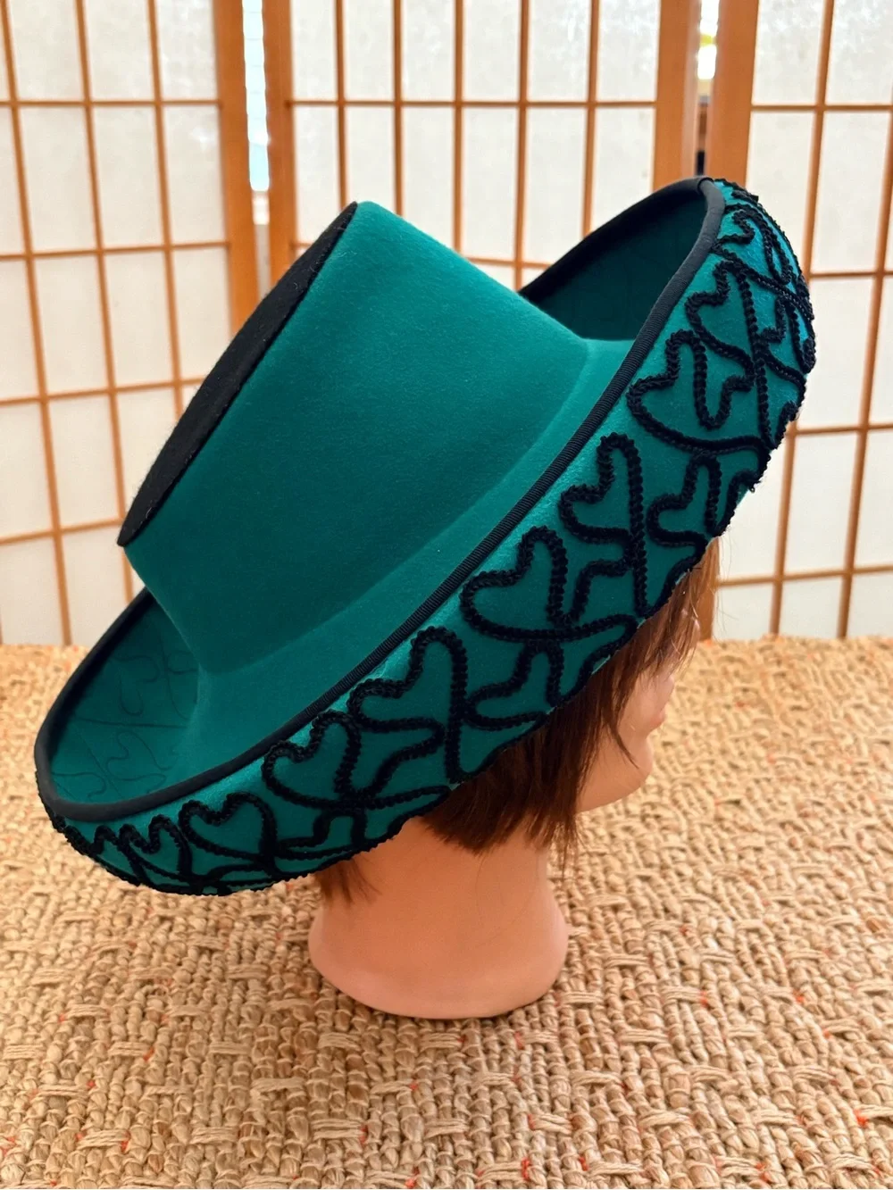 Esccello Wide Brim 100% Wool Sombrero Hat with Black Piped Embroidery